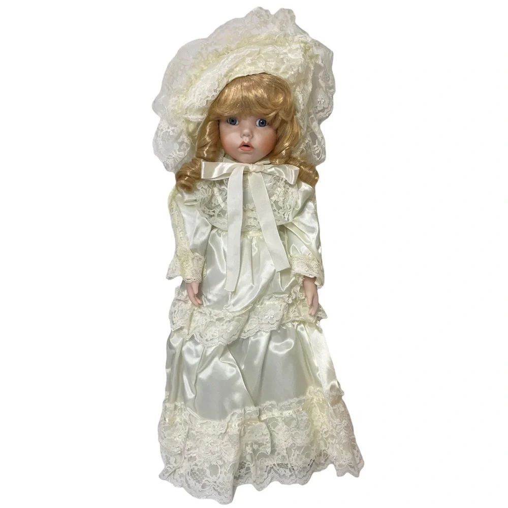 Victorian Porcelain Doll Flora Satin Silk Floral Lace Delicate Cottage Core